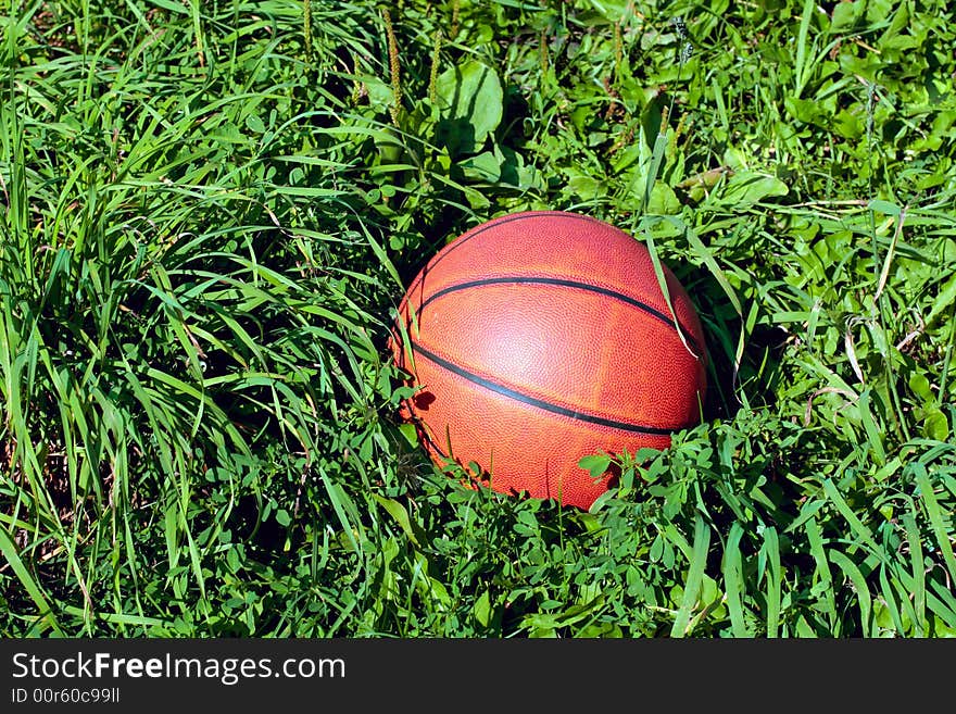 Closeup of a basketball found lying on the grass. Closeup of a basketball found lying on the grass