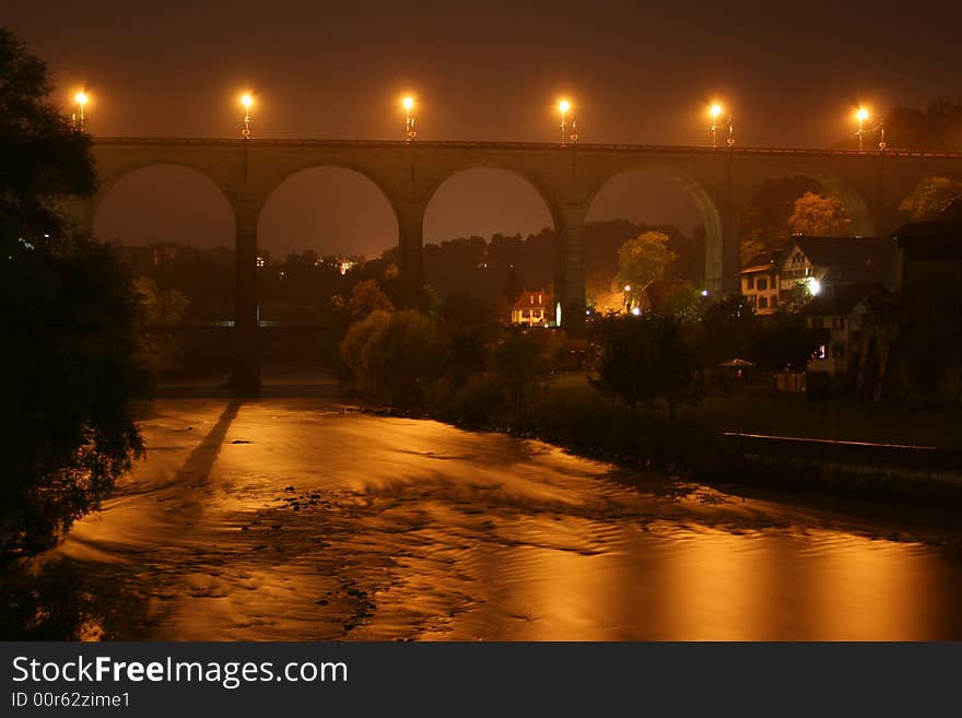 Famous Fribourge Bridge At Night