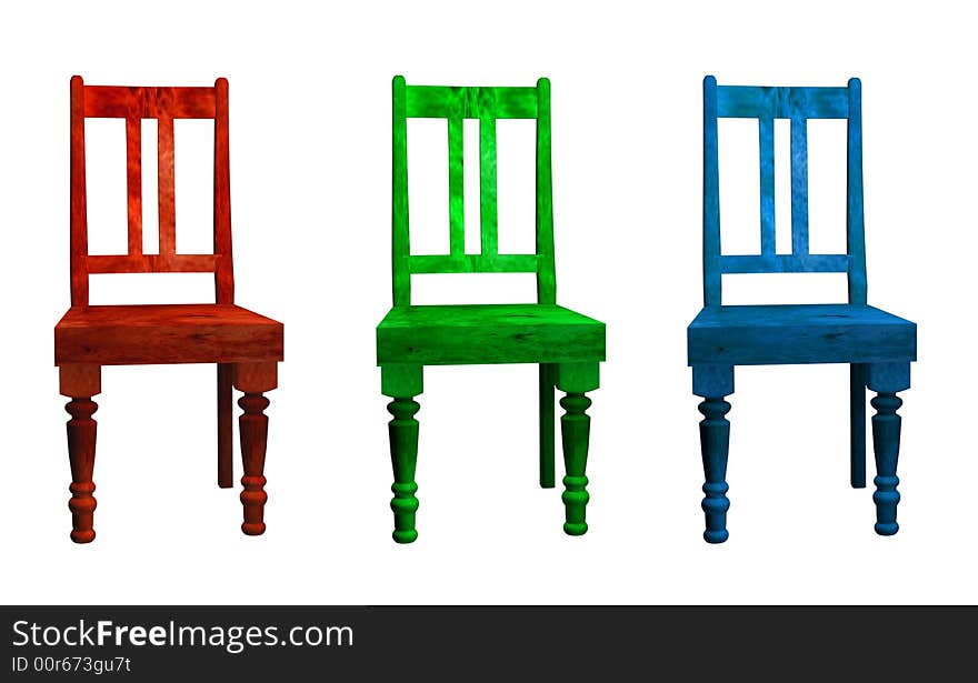 Three 3D chairs in red green and blue