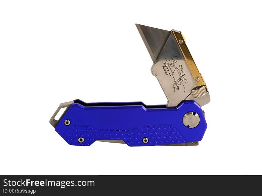 A Open Blue anodized contractors razor knife. A Open Blue anodized contractors razor knife