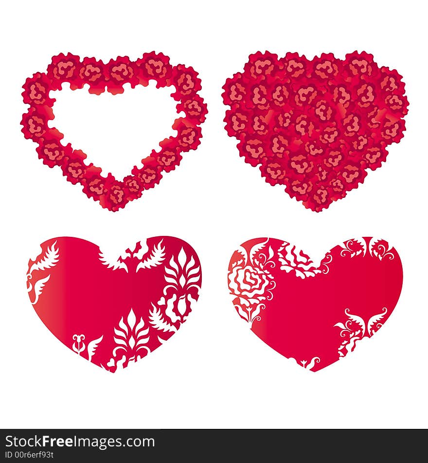 Roses in the shape of heart and hearts with patterns in retro style. Roses in the shape of heart and hearts with patterns in retro style