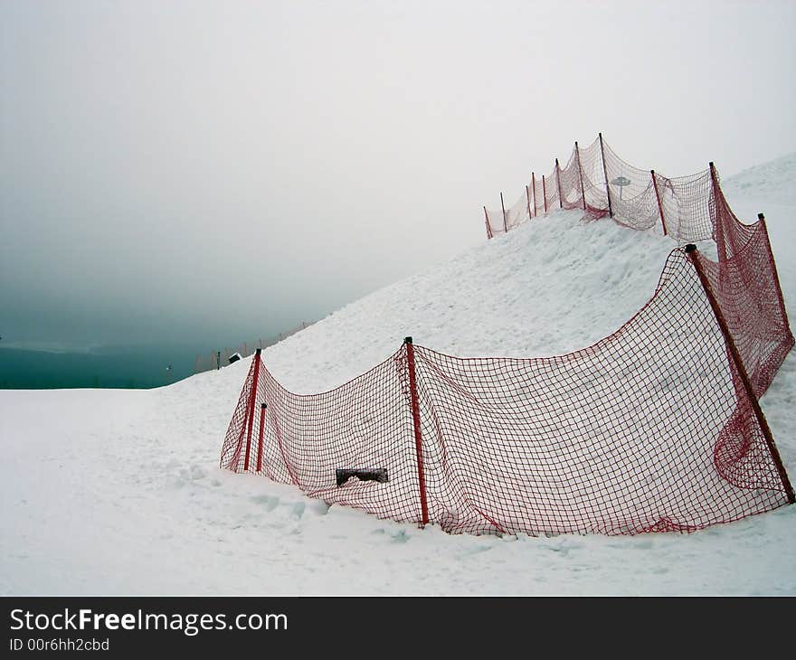 Snow, red net, glow, frost. Snow, red net, glow, frost