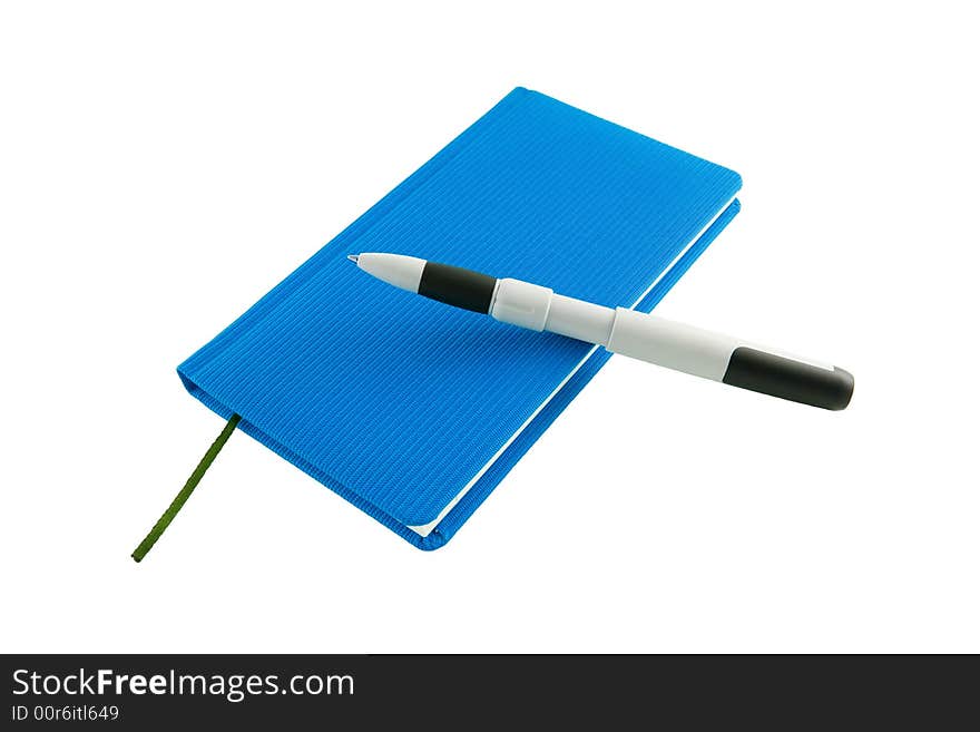 Blue calendar and ballpen isolated on a white background