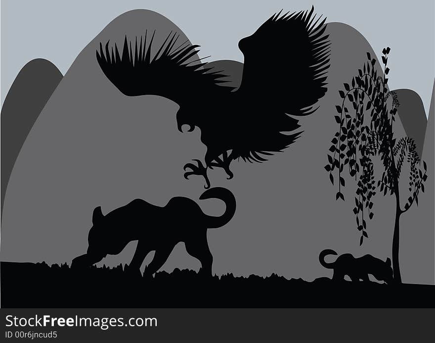 Black silhouette eagle and leopard