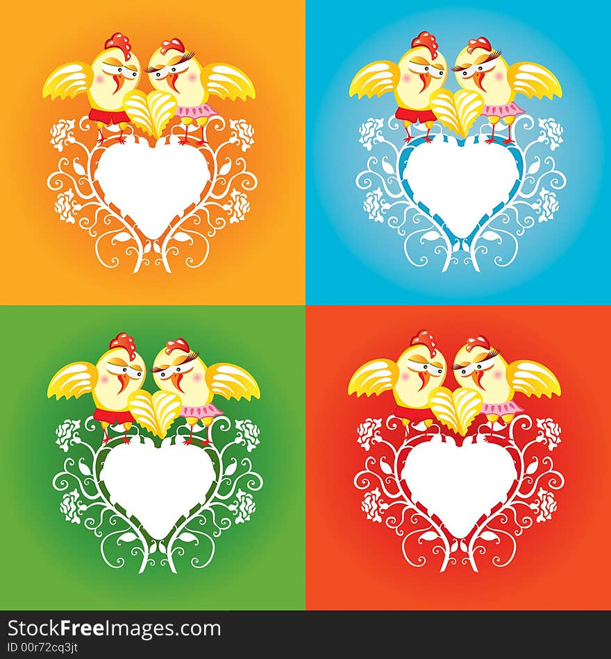 Illustration of frame with cute birds in four color variations. Illustration of frame with cute birds in four color variations