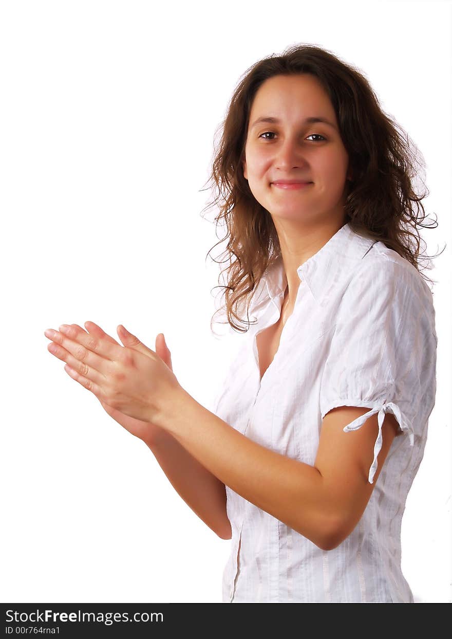 Young businesswoman applauding on a white background. Young businesswoman applauding on a white background