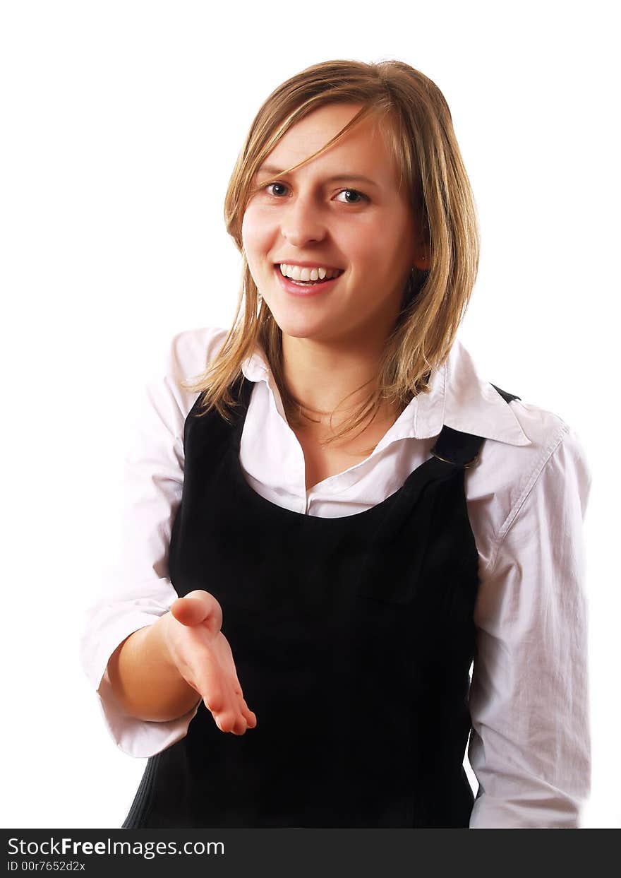 Woman holding hand out and smiling. Woman holding hand out and smiling