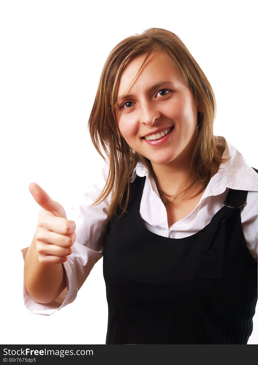 Woman giving the thumbs up and smiling. Woman giving the thumbs up and smiling