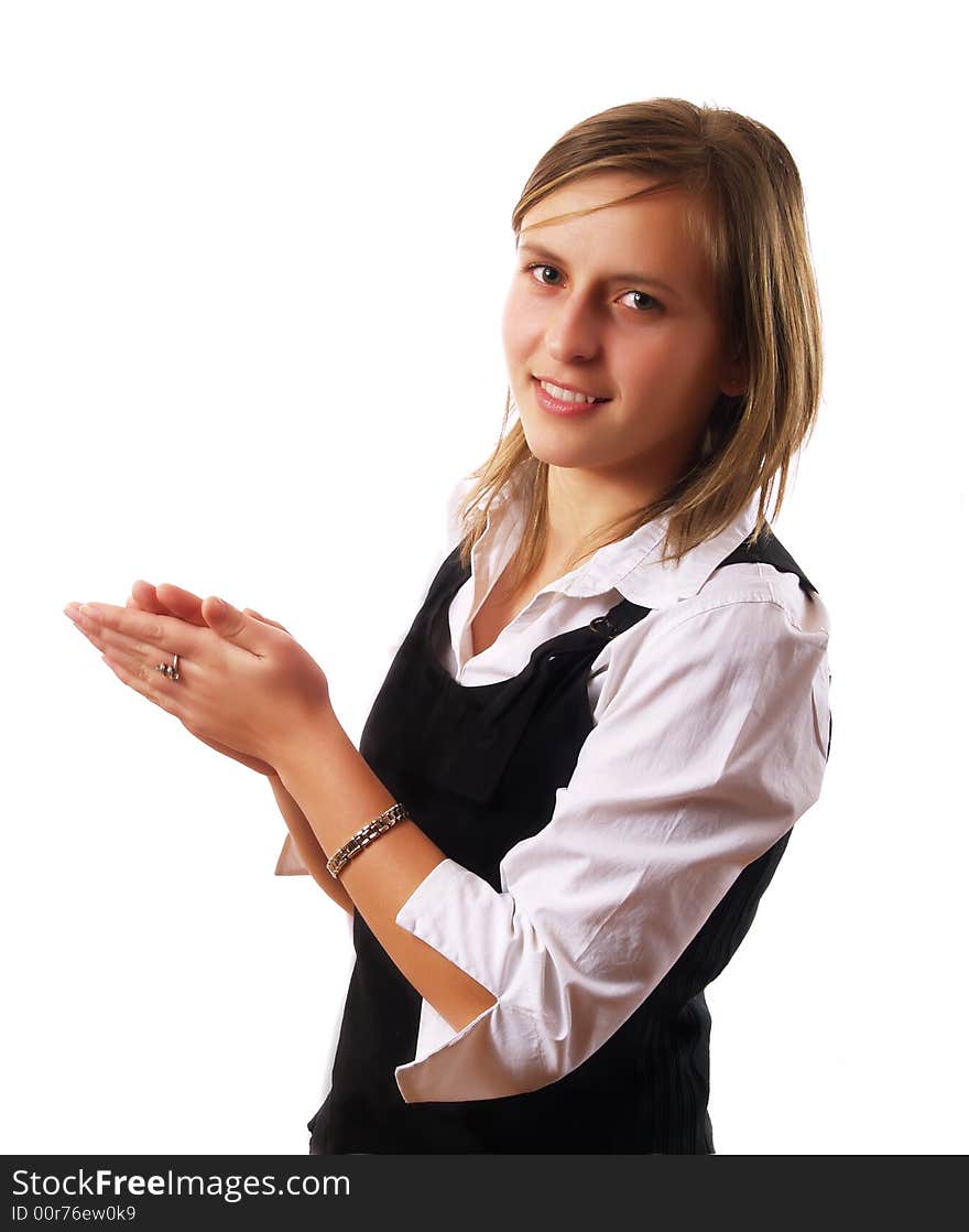 Young woman applauding on a white background. Young woman applauding on a white background