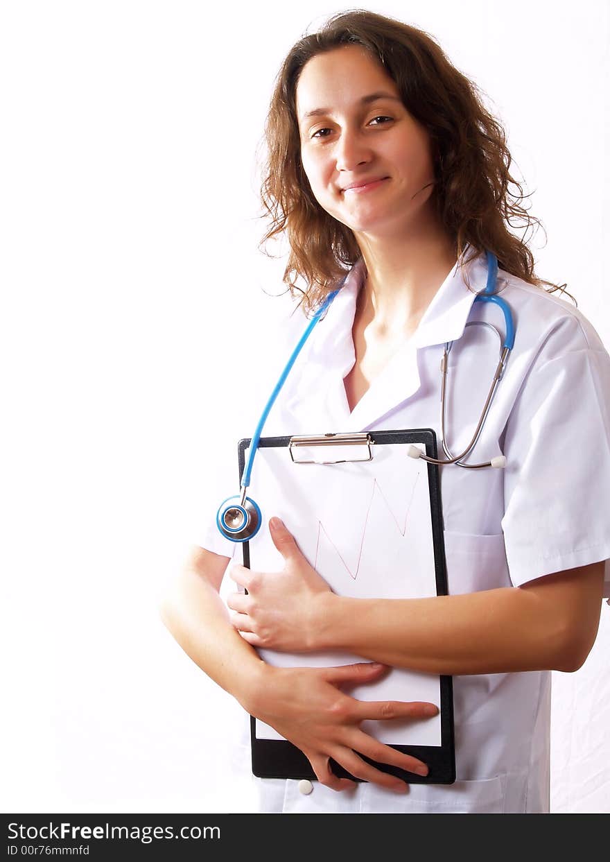 Female doctor with a stethoscope, holding a folder