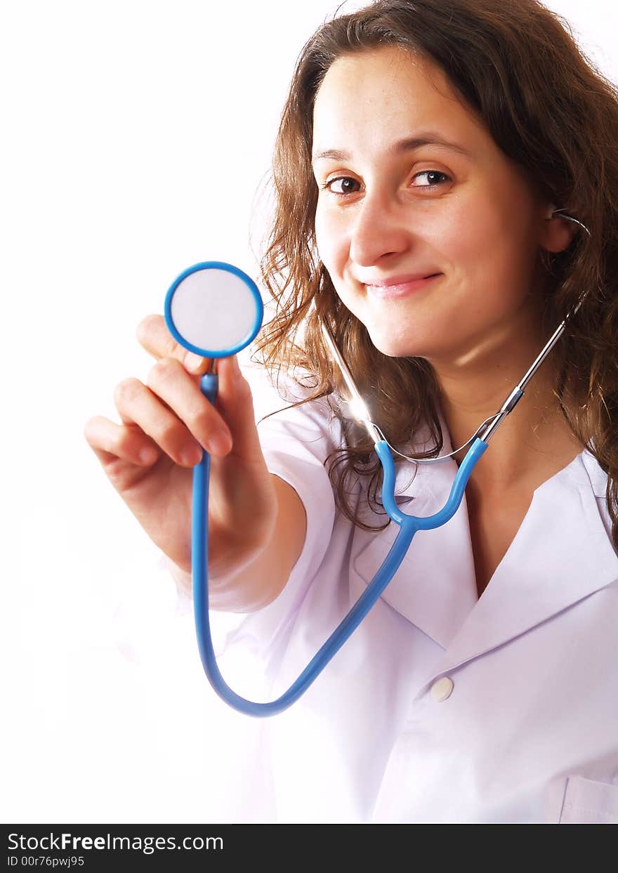 Female doctor holding a stethoscope. Female doctor holding a stethoscope