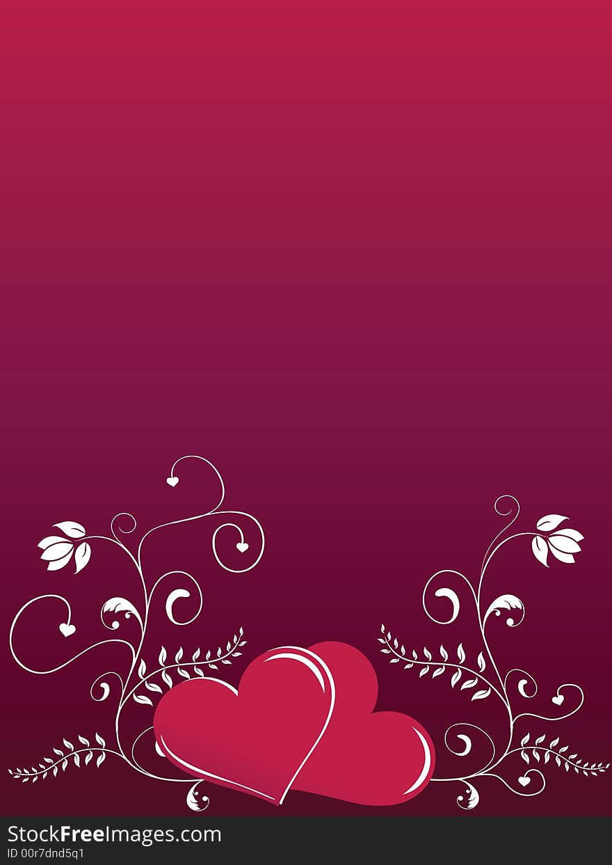 Valentine hearts with floral swirls on red graduated background