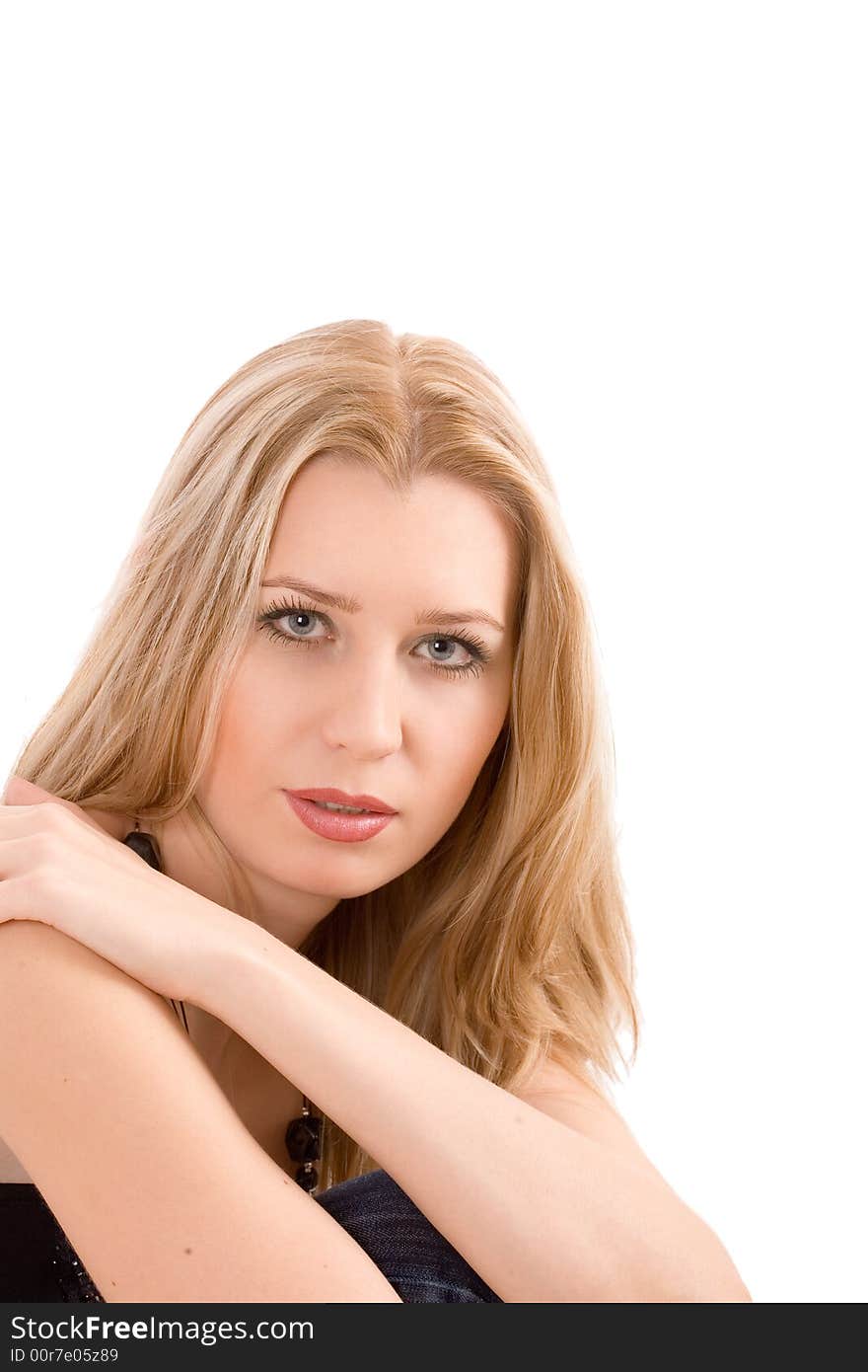 Portrait of blond in black dress over white