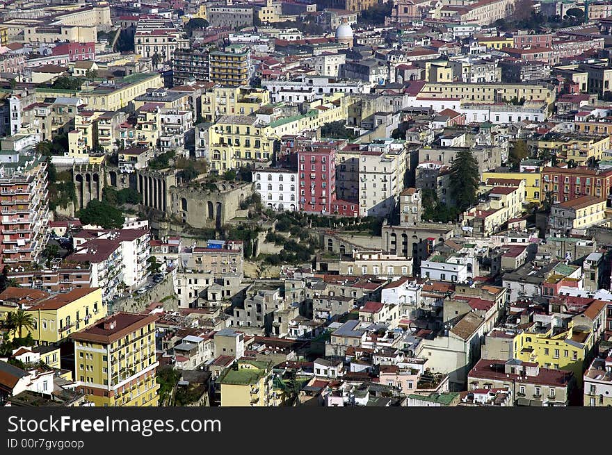 Aerial view of Naples, Italy, rooftops and colorful buildings, urban setting. Aerial view of Naples, Italy, rooftops and colorful buildings, urban setting