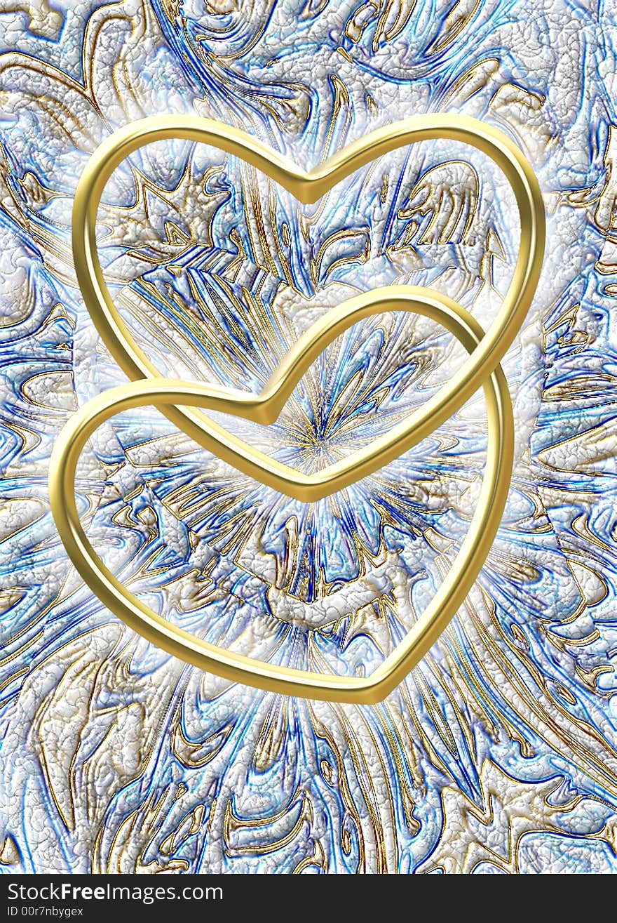 Two glowing interlaced golden hearts, on a complex blue background striated by a golden effect. Two glowing interlaced golden hearts, on a complex blue background striated by a golden effect.