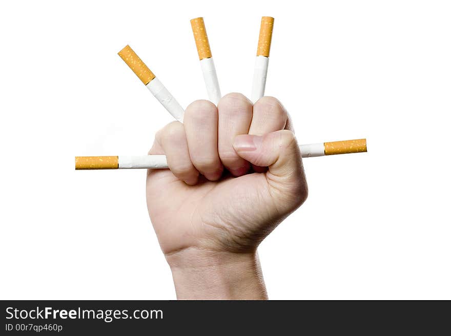 Male hand with many cigarettes isolated on white