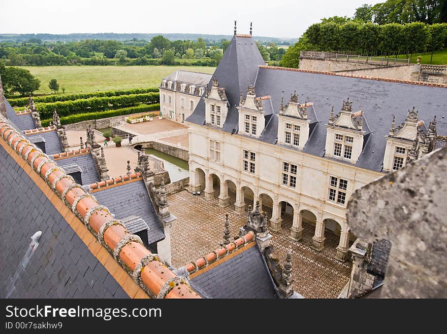 Chateau Villandry, Loire Valley, France. View down from the tower.