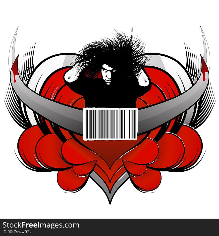 Vector illustration of a central dangerous man with white eyes and messy hair, a barcode concept element in the middle and patterned hearts with wings and bloody horns in the back. Customizable. Vector illustration of a central dangerous man with white eyes and messy hair, a barcode concept element in the middle and patterned hearts with wings and bloody horns in the back. Customizable.