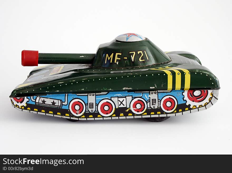 A little metal toy tank. A little metal toy tank