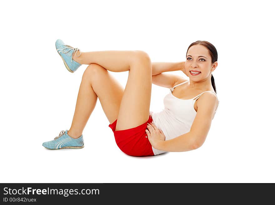 Fitness woman make exercises on white background