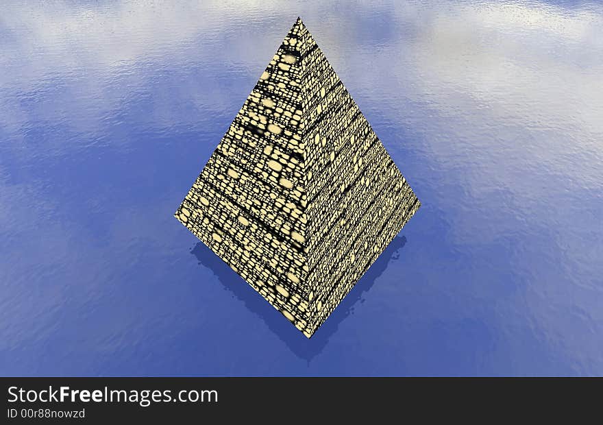 3D Pyramid on the water with reflection of sun and clouds