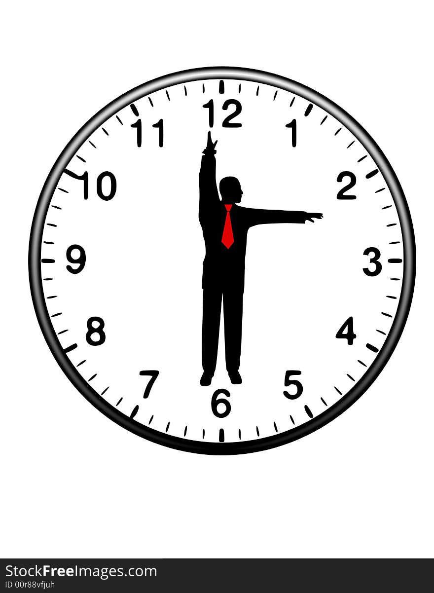 An illustration featuring a businessman wearing a red tie standing within a clock with his arms and legs as the clock's hands. An illustration featuring a businessman wearing a red tie standing within a clock with his arms and legs as the clock's hands