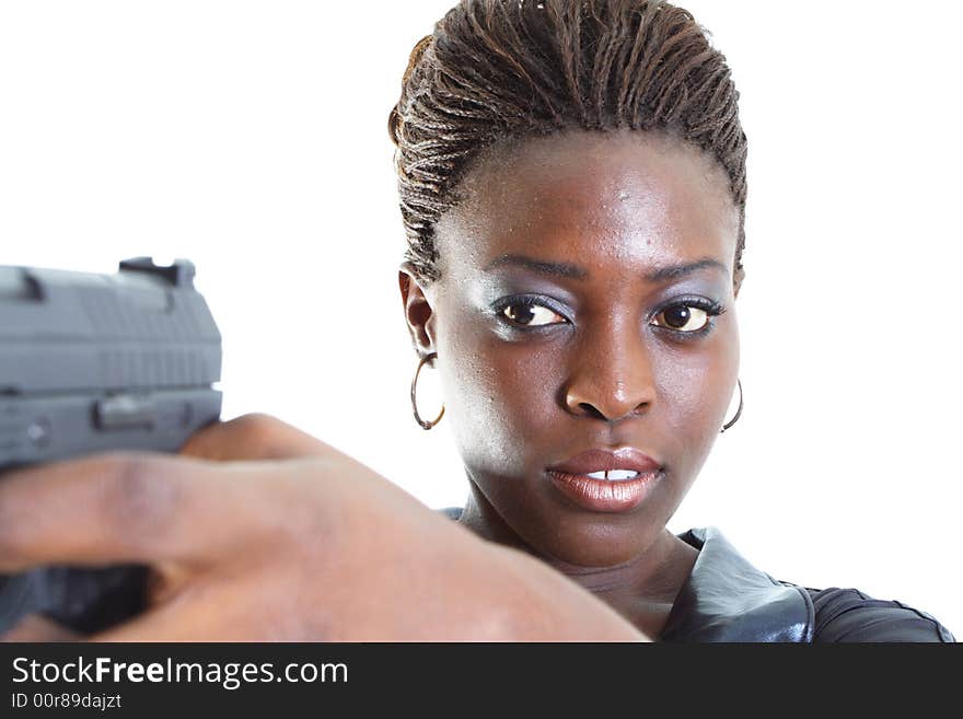 Woman Aiming a Gun Isolated on White Background