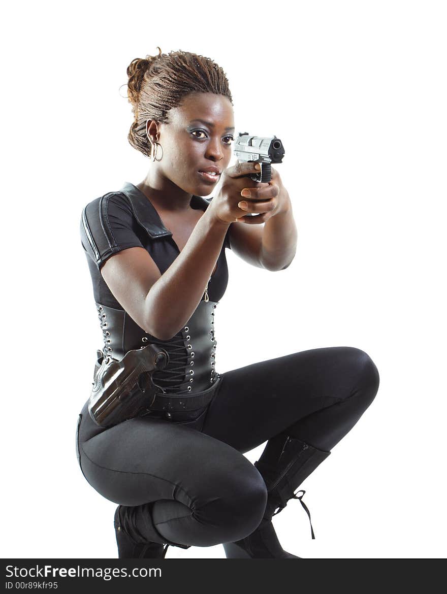 Woman Aiming a Gun Isolated on White Background