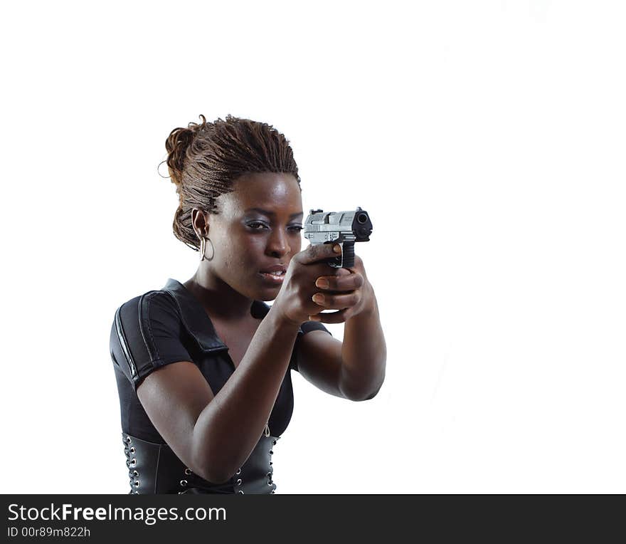 Woman Aiming a Gun Isolated on White Background