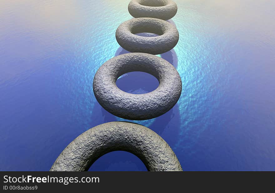 3D Torus on the water with ripples and reflection of sun and clouds