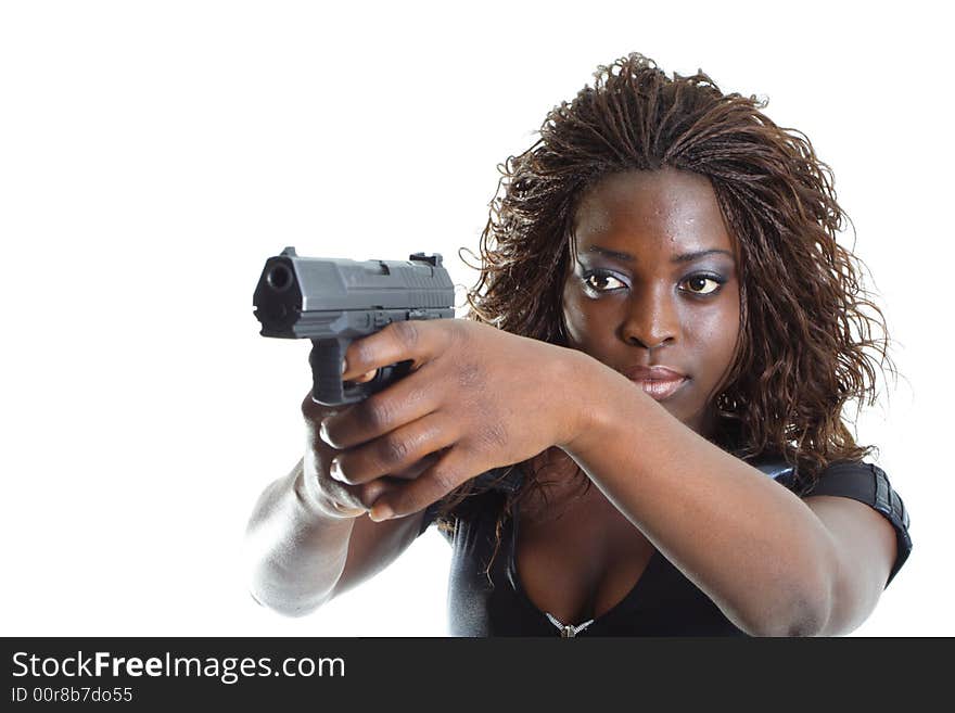 Woman Aiming a Gun Isolated on White Background