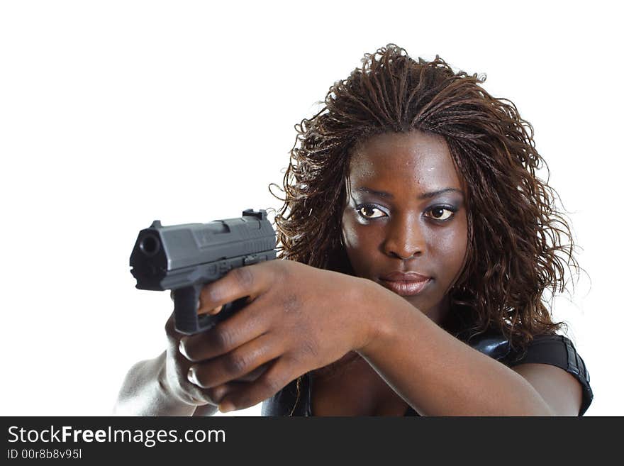 Woman Aiming a Gun Isolated on White Background