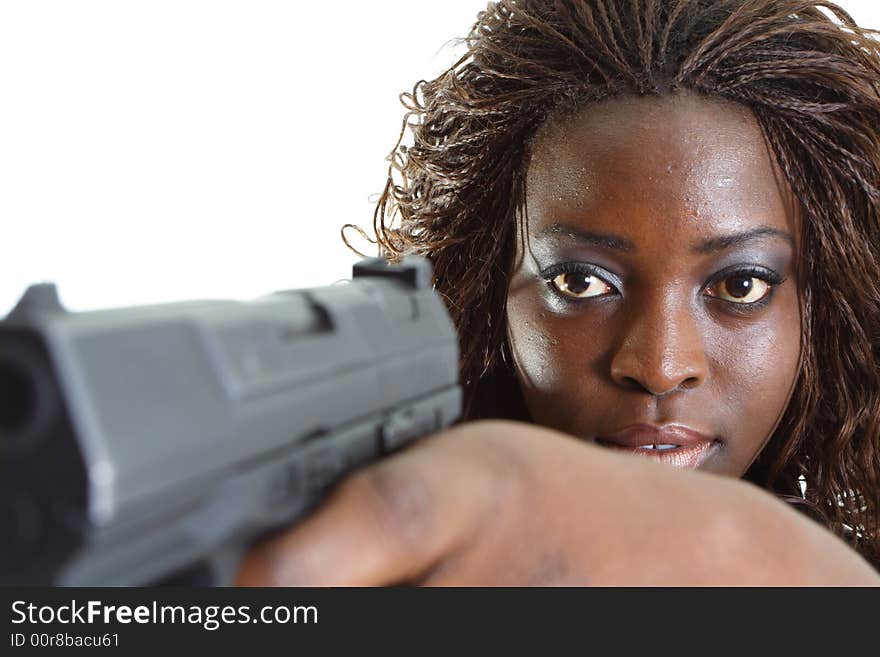 Woman Aiming a Gun Isolated on White Background