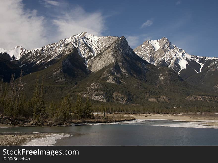 Athabasca River and mountains near Jasper, Alberta. Athabasca River and mountains near Jasper, Alberta