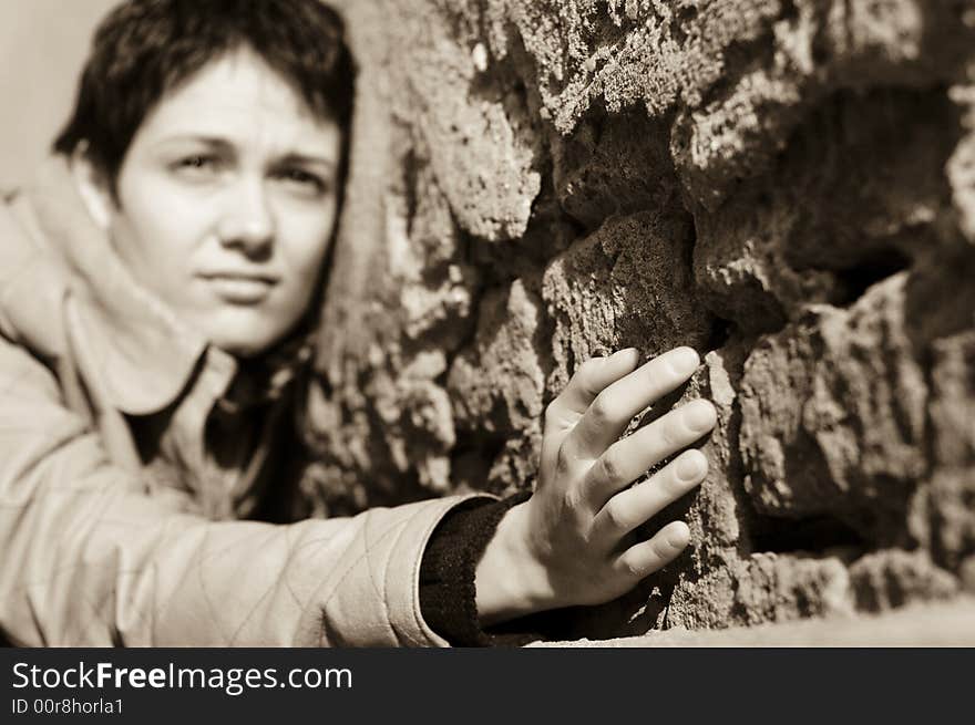 A view with a woman looking  thoughtful