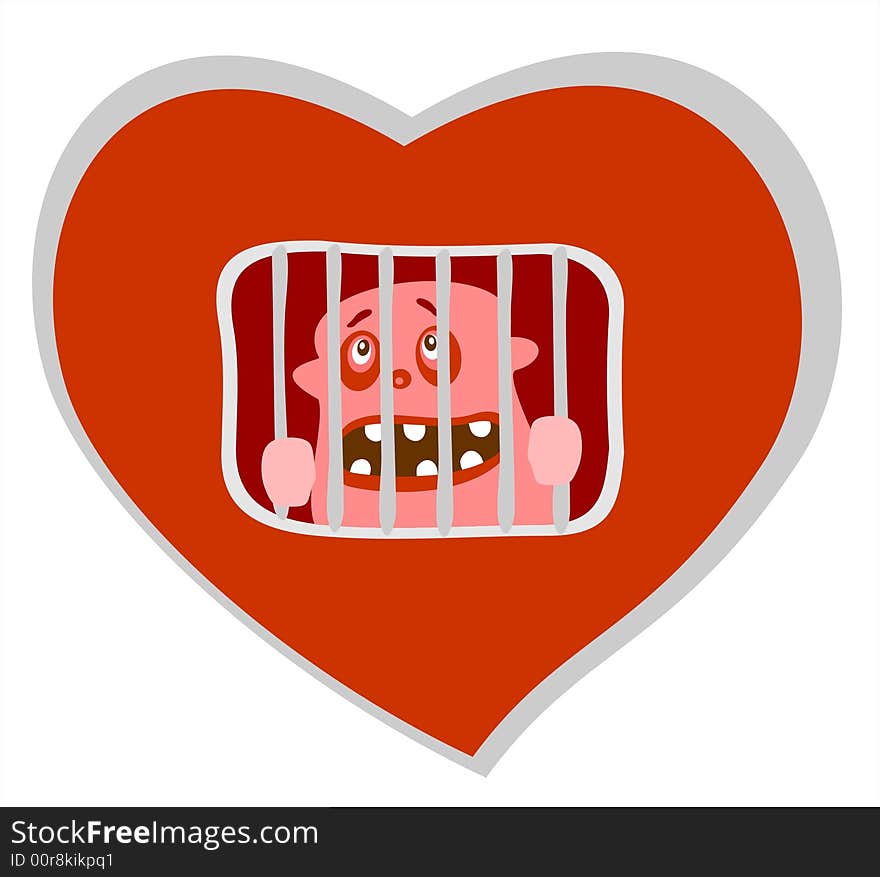 Red stylized heart with prisoner isolated over white background. Valentine's illustration. Red stylized heart with prisoner isolated over white background. Valentine's illustration.