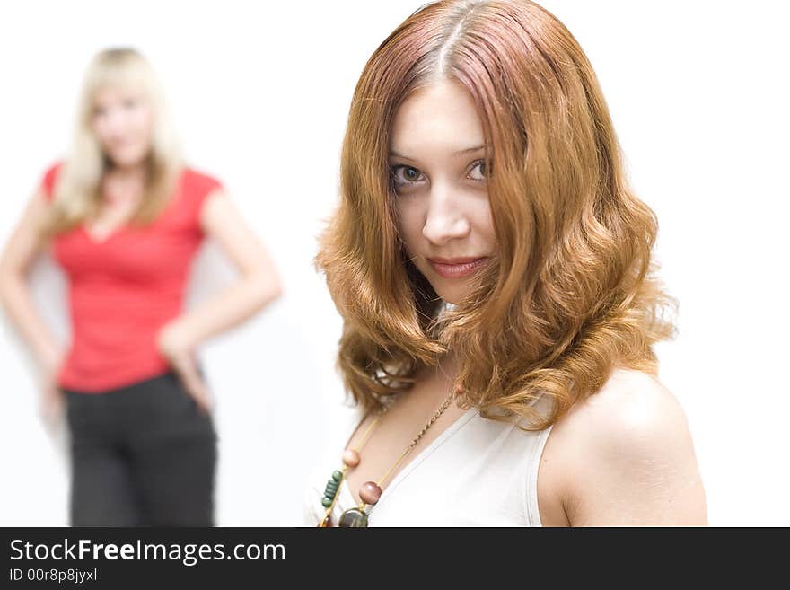 Brunette girl outstrip blond colleague