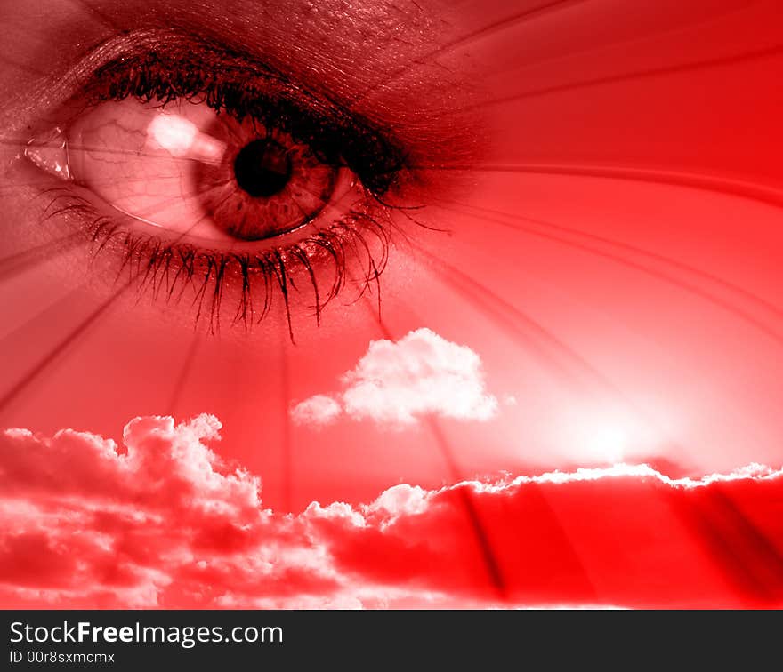 Red abstract illustration of eye overlaid on to sky. Red abstract illustration of eye overlaid on to sky