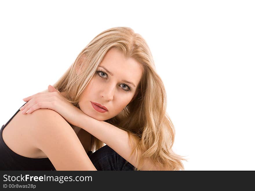 Portrait of blond in black dress over white. Portrait of blond in black dress over white