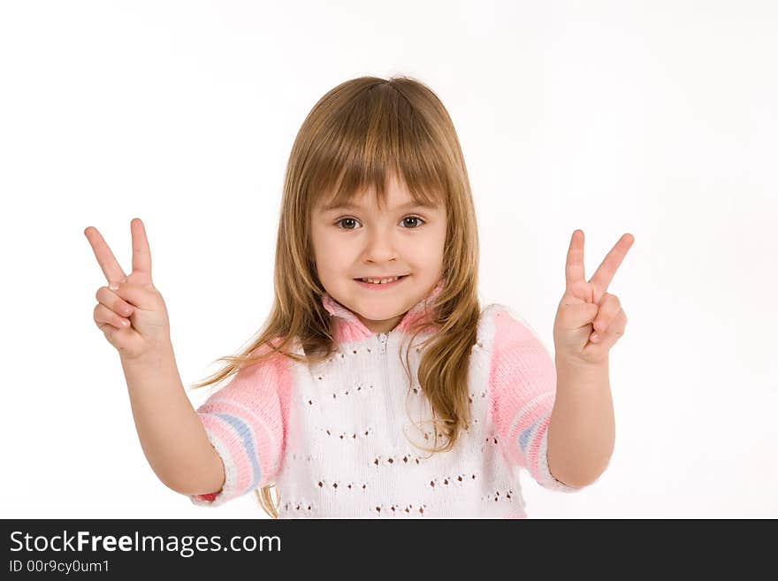 Nice little girl showing two fingers on each hand