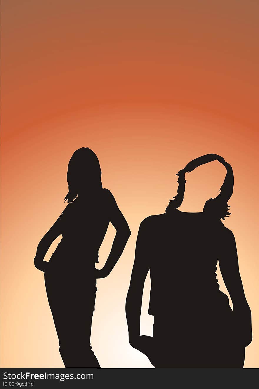 Black silhouettes of girls on an orange background