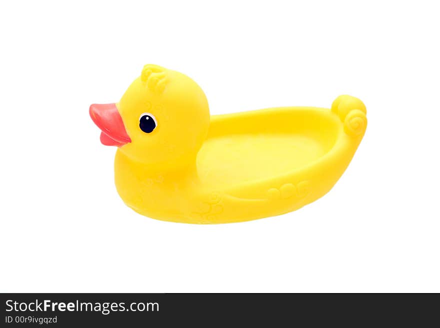 Rubber duck on water on white background. Rubber duck on water on white background