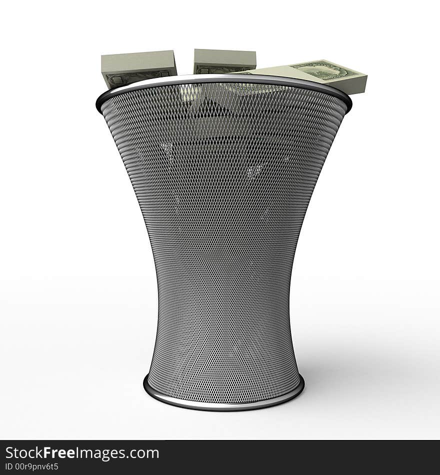 Money in waste basket. Isolated. Money in waste basket. Isolated.