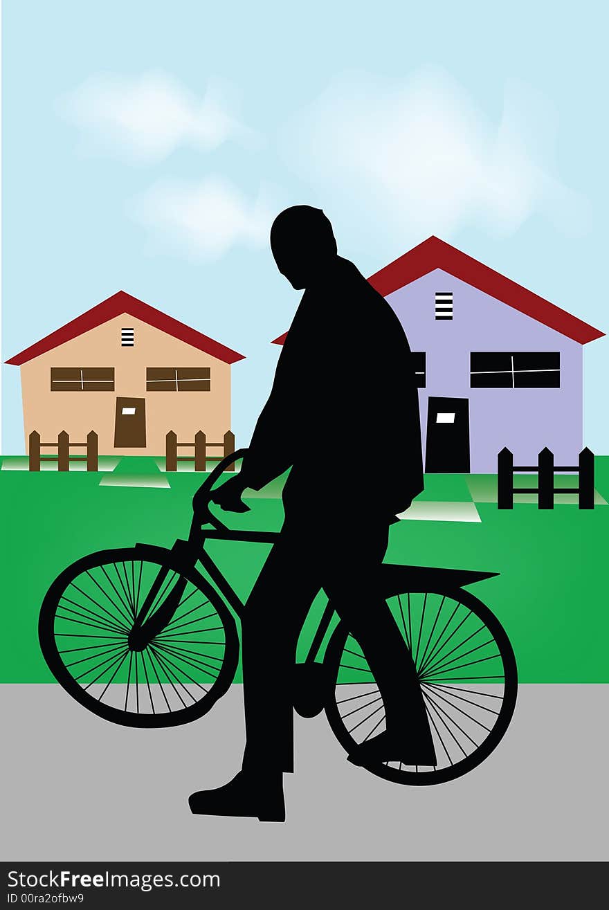 Man siting on bicycle front of houses