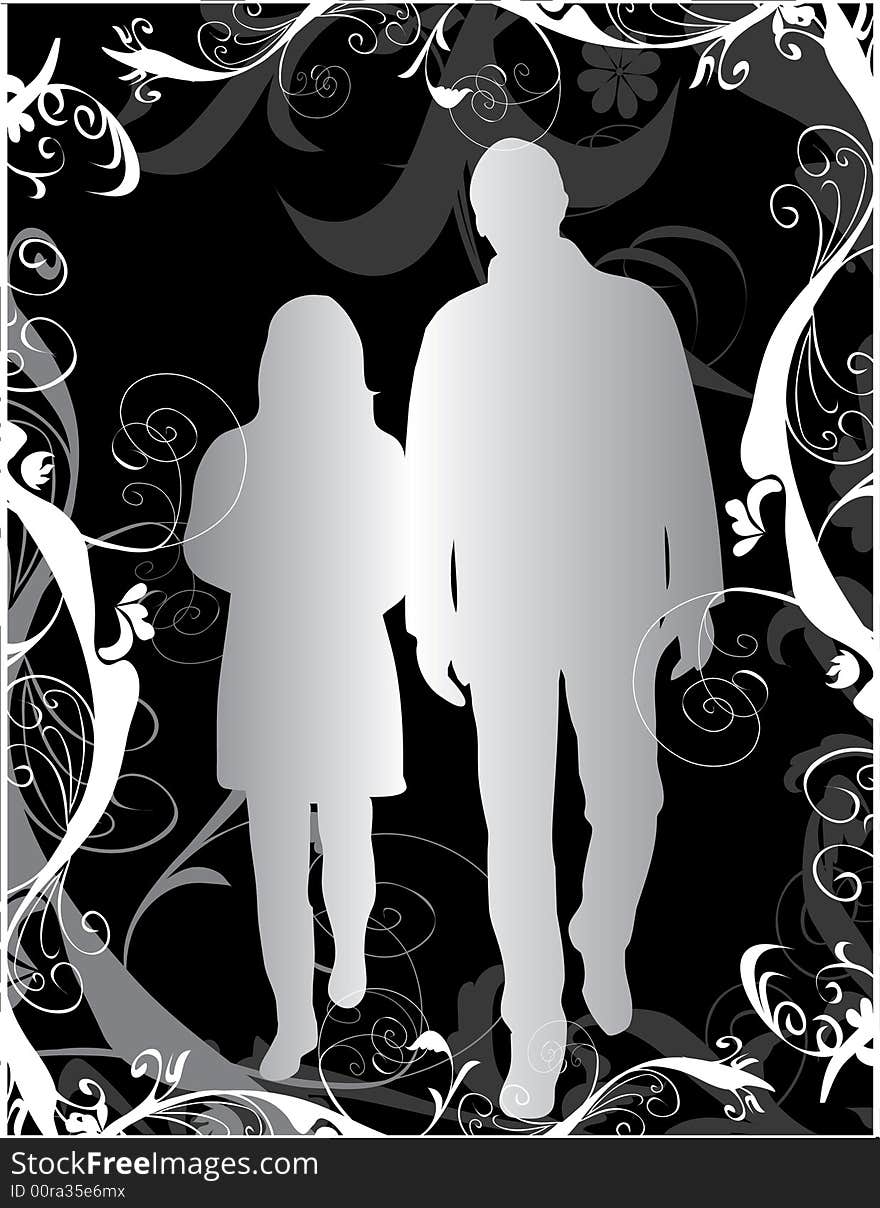 Silhouette of couples on flowers background