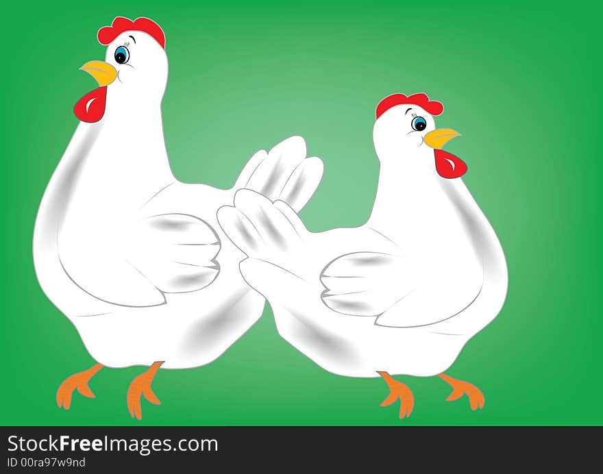 Two hens on green background