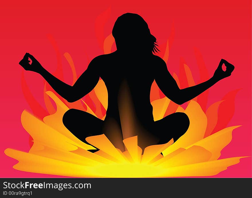 Girl doing yoga in flame background