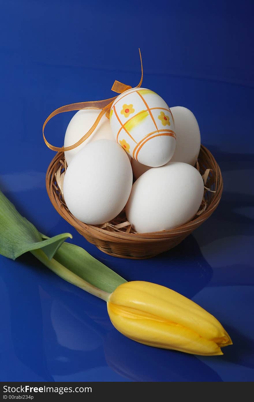 Easter eggs with yellow tulip on blue background.