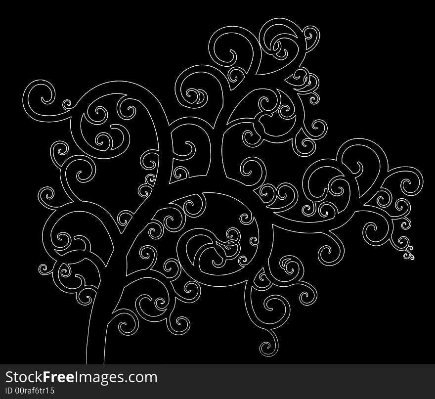 Illustrated white outline of a curly tree over a black background. Illustrated white outline of a curly tree over a black background