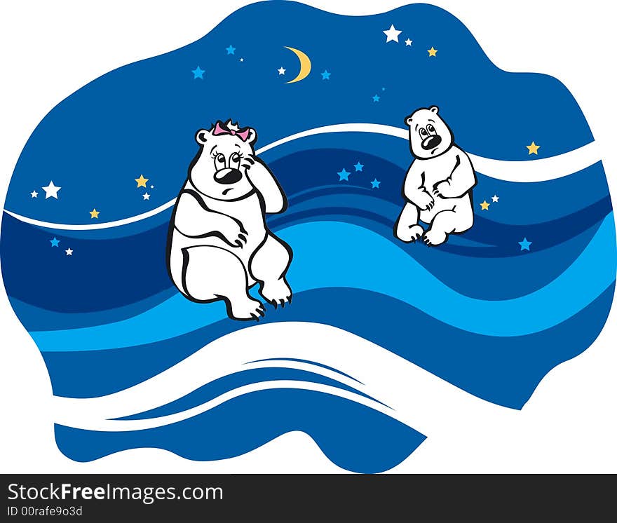 Vector illustration of pair white bears sitting on ice floes, far apart